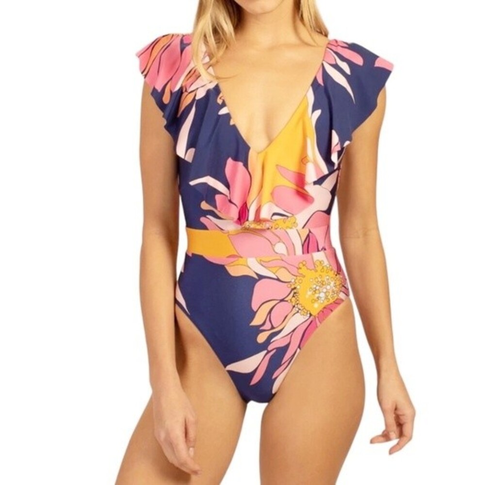 NWT Trina Turk Breeze Ruffle Plunge One Piece Swimsuit Blue Pink Women’s Size 12